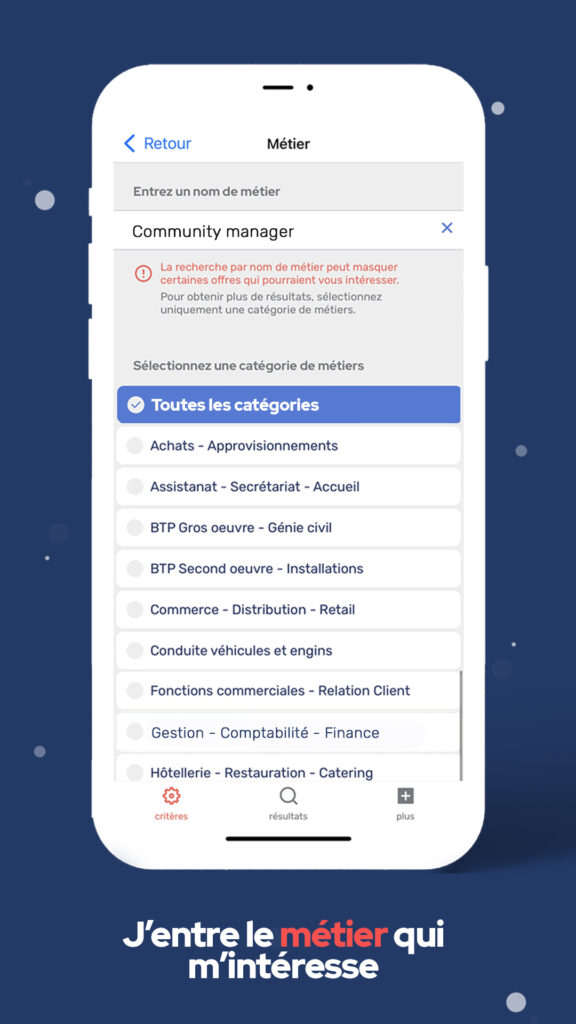 Application mobile pour trouver des alternances ou stages par métier